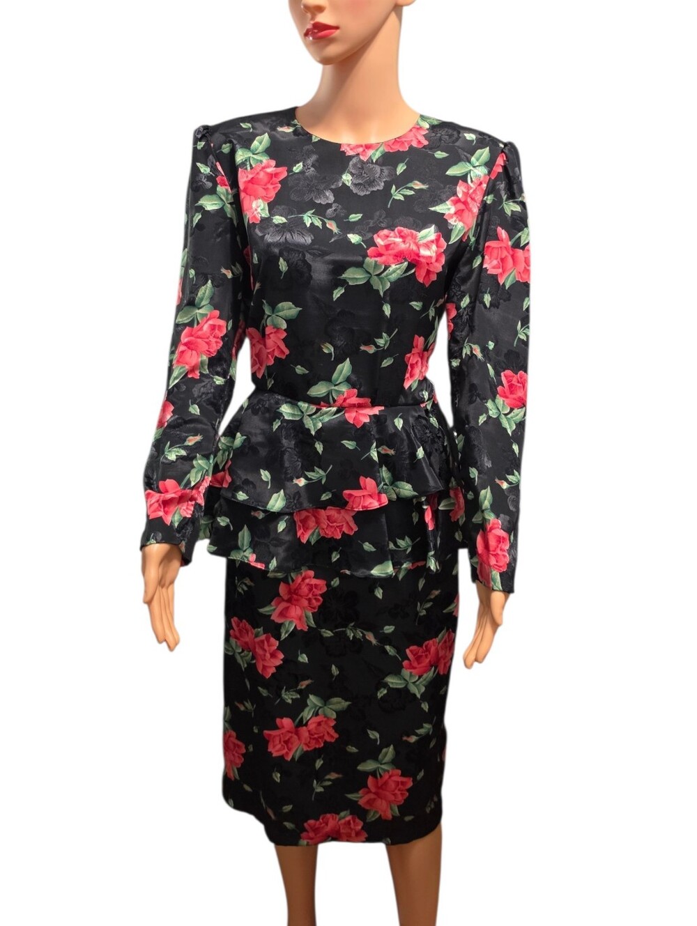 Periwinkle Vintage 1980s Floral Jacquard Peplum Dark-Romance Dynasty-Glam Dress
